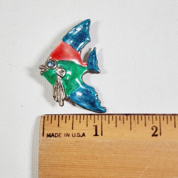Tropical Fish Pin Brooch Silver Enamel Multicolor rhinestones green blue red 1" - Picture 3 of 3